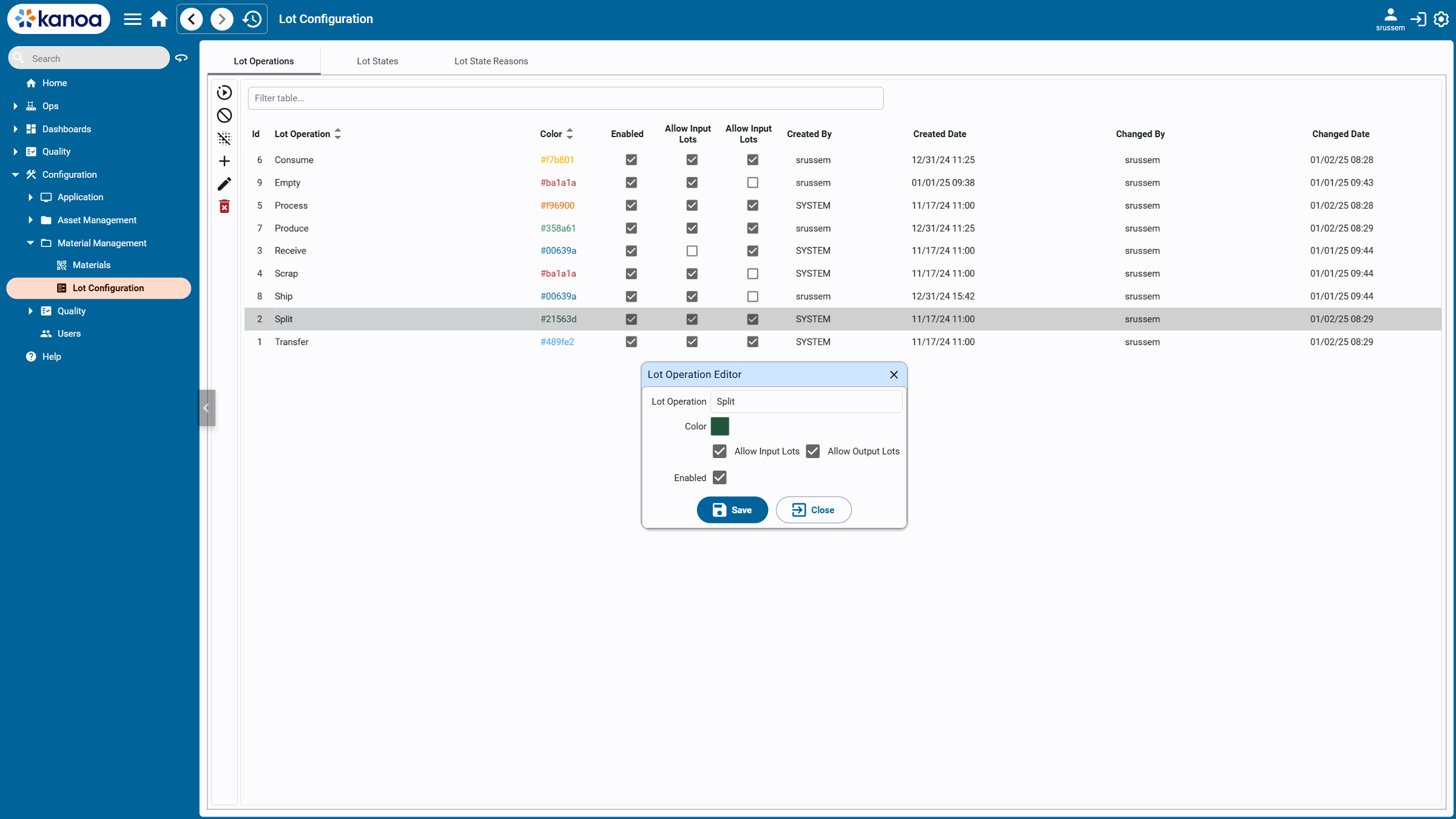 Lot Operation Configuration